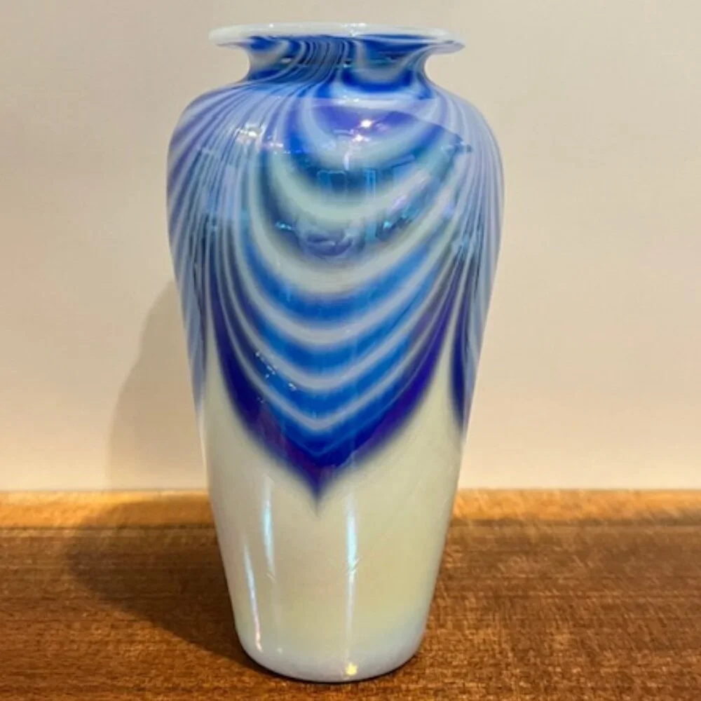 OBG Ornamental Blown Glass Seattle Iridescent Blue Pulled Feather Signed Vase
